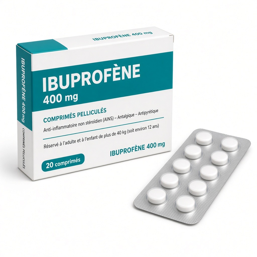 Boîte d'ibuprofène 400 mg et plaquette de comprimés